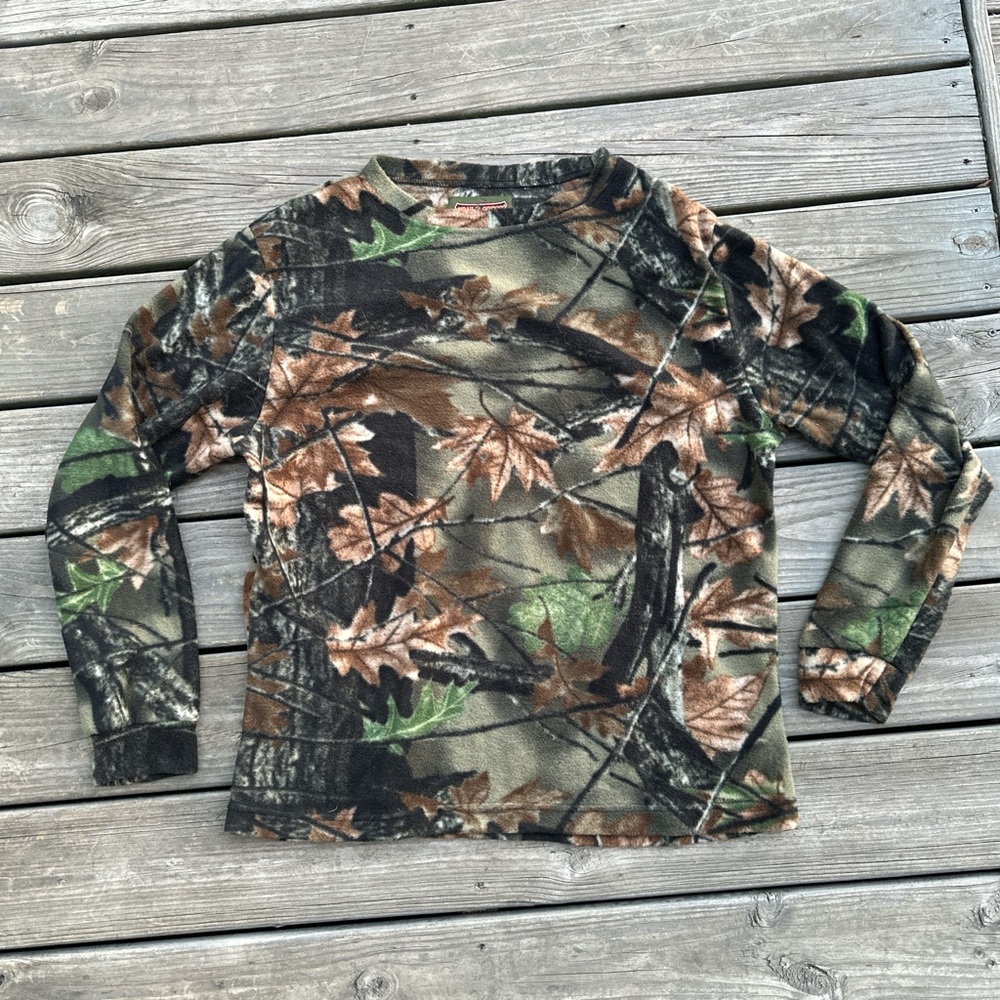 Trail‎ Crest Mens Fuzzy Camouflage Crewneck Sweater Woodland Camo Fleece Large L